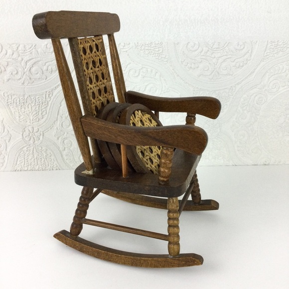 Vintage MCM wooden rattan miniature rocking chair with coasters set of 3 - Picture 3 of 13